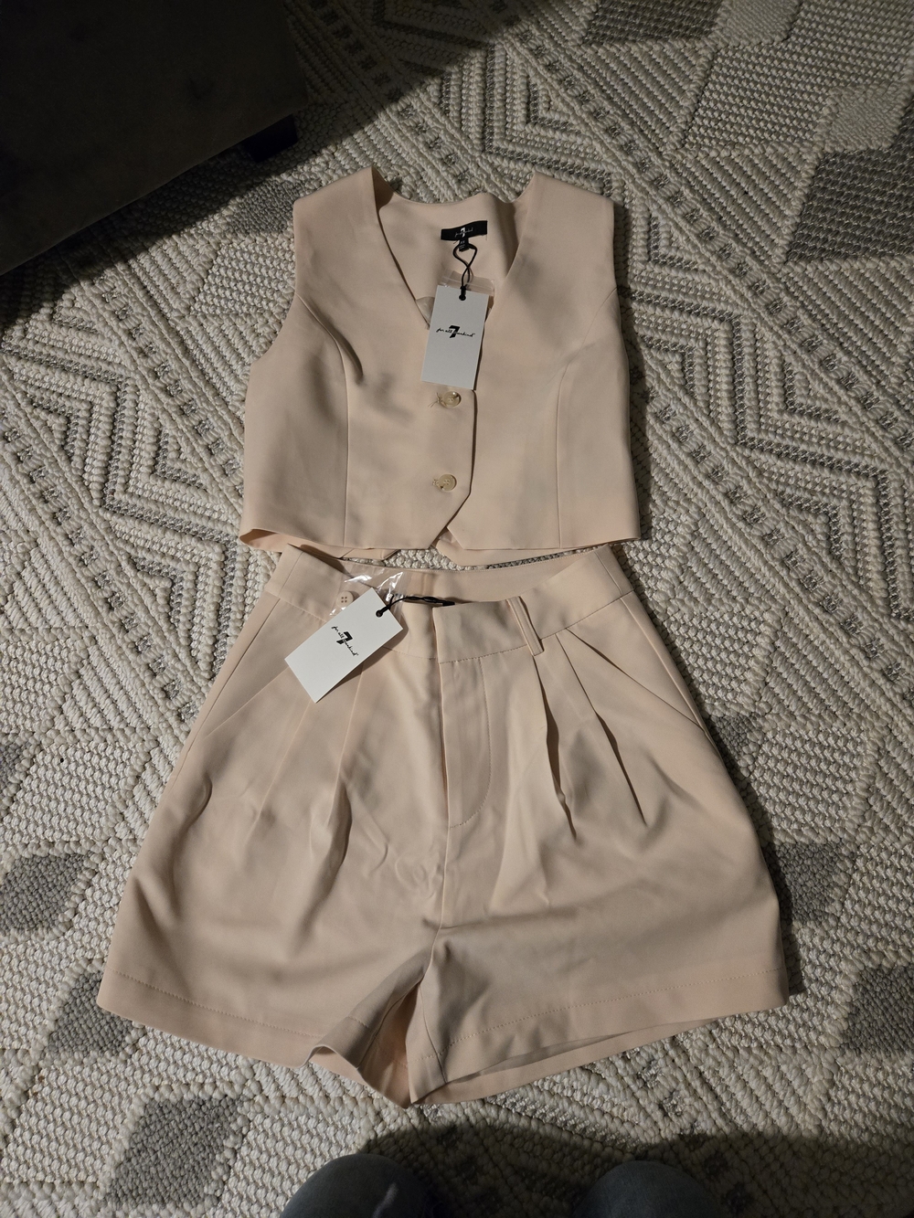 7 For All Mankind Cream Tailored Vest & High-Waist Shorts